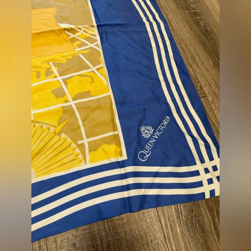 Vintage Queen Victoria Blue Yellow Silk Scarf